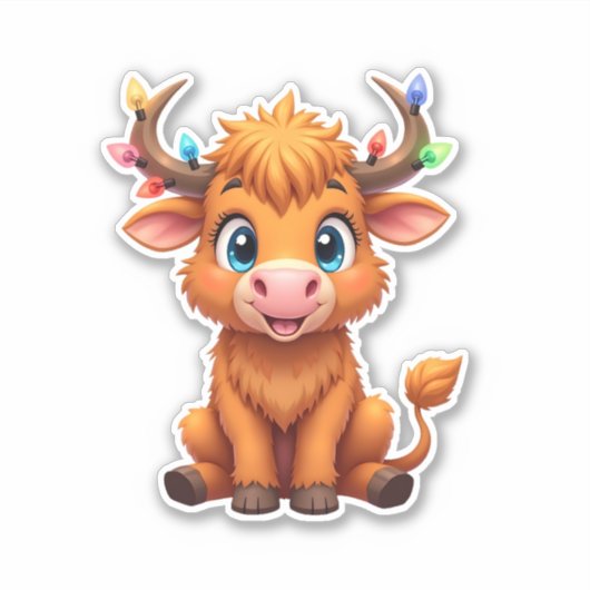 Funny Xmas Cow Lights Boys Girls Cute Highland Cow Sticker (Voorkant)
