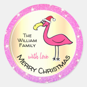 Funny Xmas Flamingo Roze Glitter  Ronde Sticker