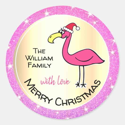 Funny Xmas Flamingo Roze Glitter Ronde Sticker (Voorkant)