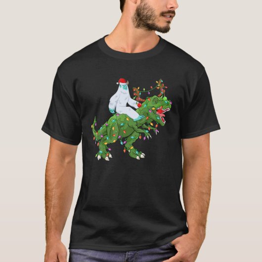 Funny Xmas licht Santa Yeti Riding Dinosaur Trex T-shirt (Voorkant)