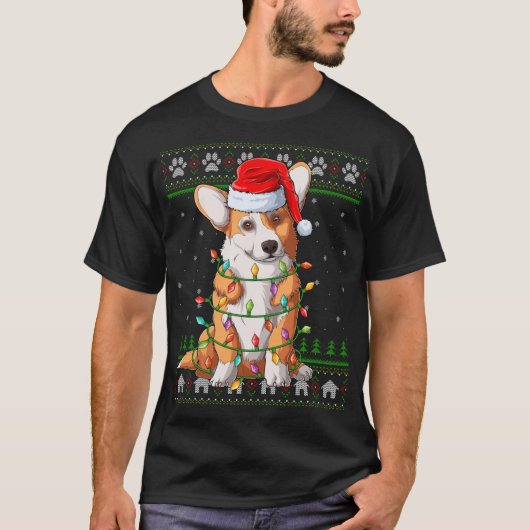 Funny Xmas Lighting Santa Hat Ugly Welsh Corgi Chr T-shirt (Voorkant)