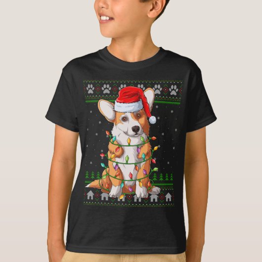 Funny Xmas Lighting Santa Hat Ugly Welsh Corgi Chr T-shirt (Voorkant)