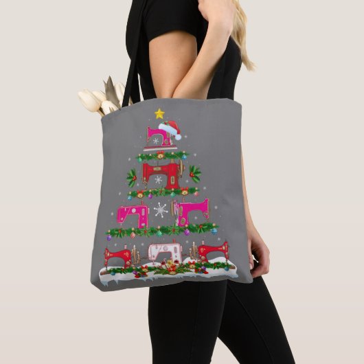 Funny Xmas Lighting Sewing Machine Christmas Tree Tote Bag (Dichtbij)