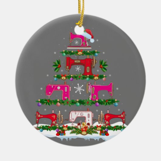 Funny Xmas Lighting Sewing Machine met kerstboom Keramisch Ornament (Voorkant)