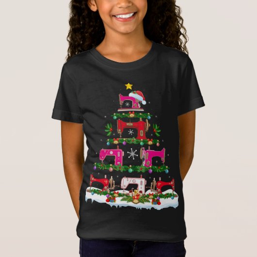 Funny Xmas Lighting Sewing Machine met kerstboom T-shirt (Voorkant)