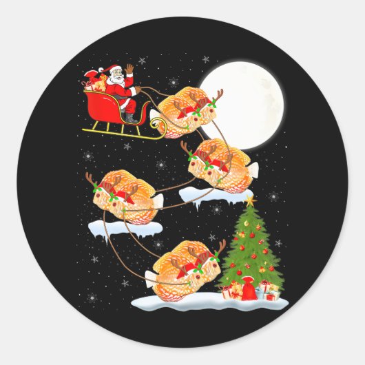 Funny Xmas Lighting Tree Santa Riding Discus Fish Ronde Sticker (Voorkant)