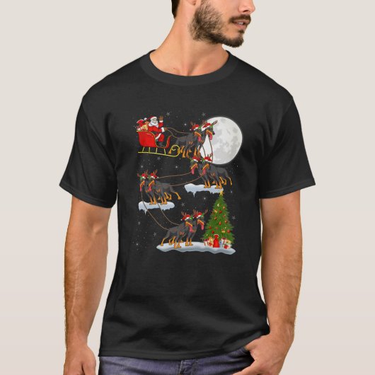 Funny Xmas Lighting Tree Santa Riding Doberman Dog T-shirt (Voorkant)