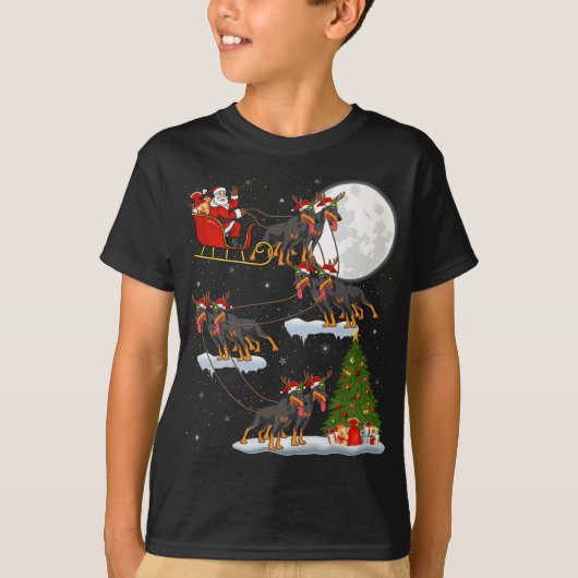 Funny Xmas Lighting Tree Santa Riding Doberman Dog T-shirt (Voorkant)