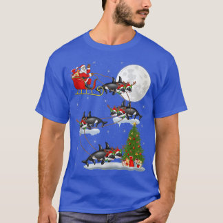 Funny Xmas Lighting Tree Santa Riding Orca Fish Ch T-shirt