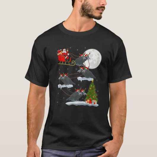 Funny Xmas Lighting Tree Santa Riding Raven Bird T-shirt (Voorkant)