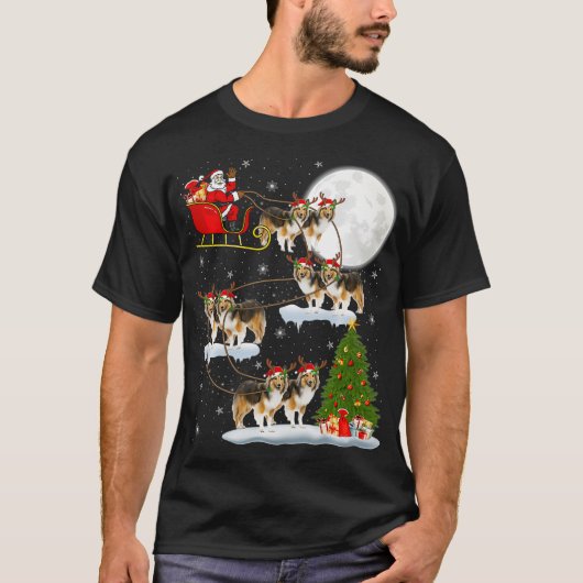 Funny Xmas Lighting Tree Santa Riding Sheltie Chri T-shirt (Voorkant)