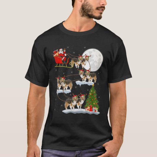 Funny Xmas Lighting Tree Santa Riding Sheltie Chri T-shirt (Voorkant)