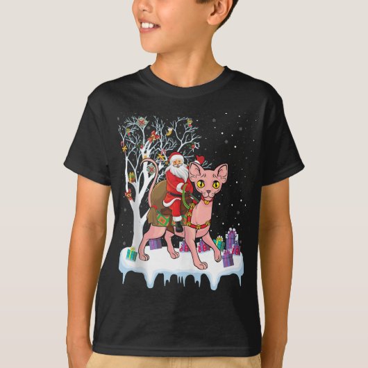 Funny Xmas Lighting Tree Santa Riding Sphynx Cat C T-shirt (Voorkant)