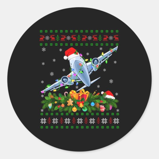 Funny Xmas Lighting Tree Santa Ugly Airplane Chris Ronde Sticker (Voorkant)