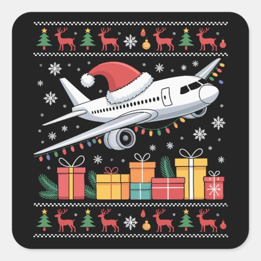 Funny Xmas Lighting Tree Santa Ugly Airplane Vierkante Sticker (Voorkant)