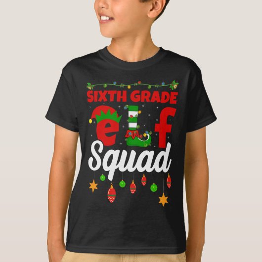 Funny Xmas met kerstverlichting 6e klas Elf Squad T-shirt (Voorkant)