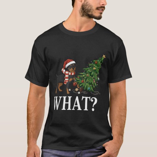 Funny Xmas Rottweiler Pushing Christmas Tree Over  T-shirt (Voorkant)