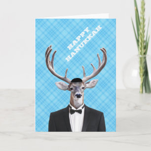 Funny Yarmulke Happy Hanukkah Deer Blue Plaid Feestdagen Kaart