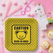 Funny Yellow Black Teddy Bear Warning Sign Art Papieren Bordje (Feest)