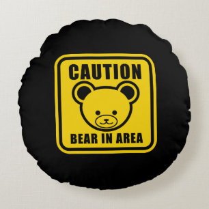 Funny Yellow Black Teddy Bear Warning Sign Art Rond Kussen