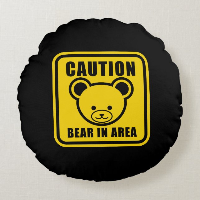 Funny Yellow Black Teddy Bear Warning Sign Art Rond Kussen (Voorkant)