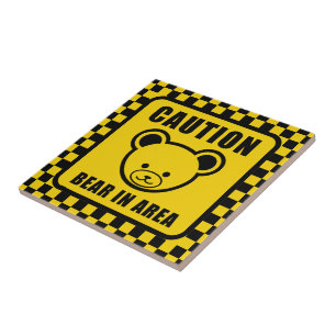 Funny Yellow Black Teddy Bear Warning Sign Art Tegeltje