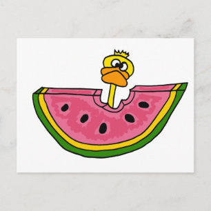 Funny Yellow Duck Eating Watermelon Briefkaart