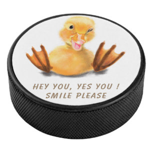 Funny Yellow Duck Playful Wink Happy Smile Cartoon Hockey Puck