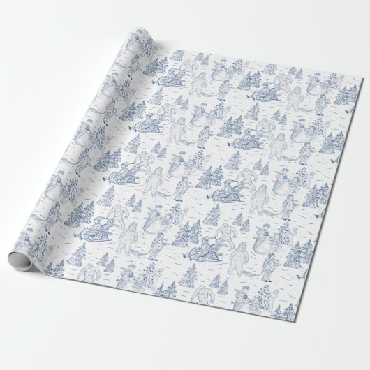 Funny Yeti Monsters Antiek Winter Toile Pattern Cadeaupapier (Uitgerold)