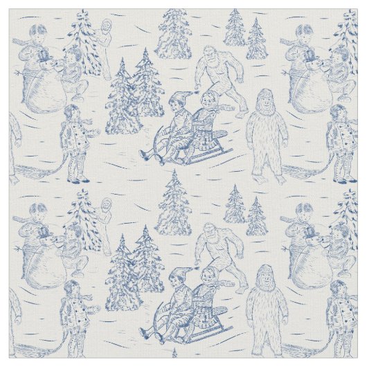 Funny Yeti Monsters Antiek Winter Toile Pattern Stof (Close Up)