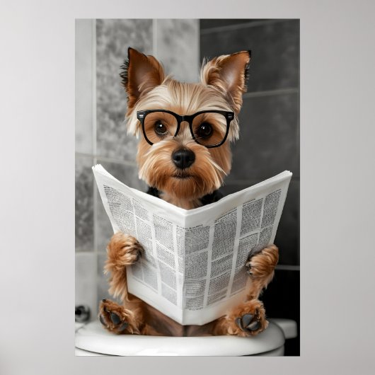 Funny Yorkie Bathroom Print, Reading Newspaper Poster (Voorkant)