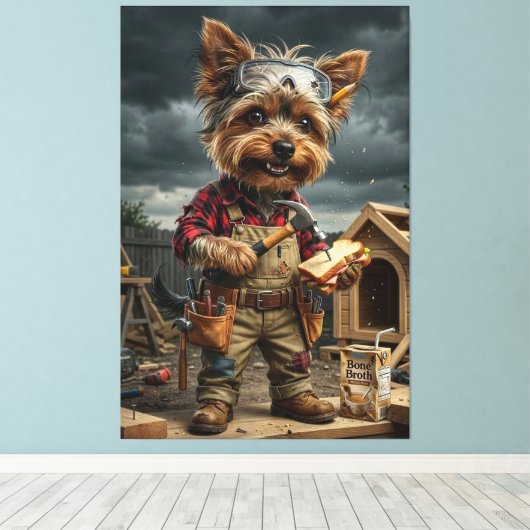 Funny Yorkie Construction Worker Poster – Playful  Canvas Afdruk (Insitu (Houten vloer))