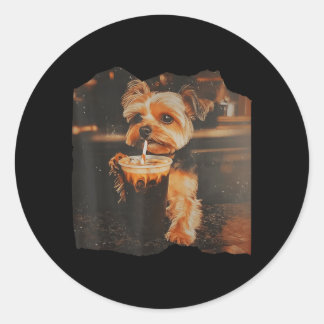 Funny Yorkie Drinking Iced Coffee Cute Dog Meme Ronde Sticker