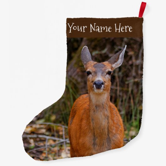Funny Young Blacktail Deer glimlacht op fotograaf Grote Kerstsok (Achterkant)