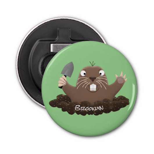 Funny zakgopher digging cartoon illustratie button flesopener (Voorkant)