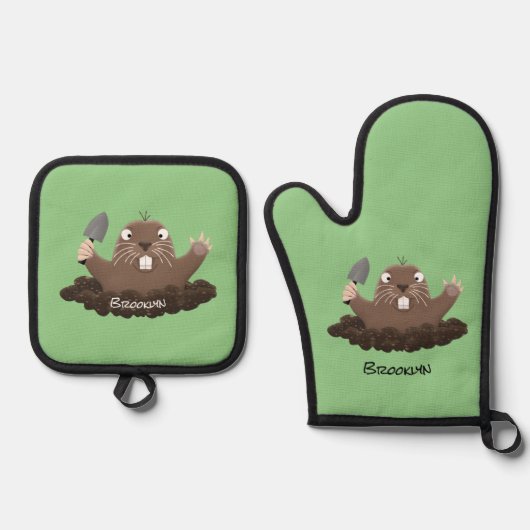 Funny zakgopher digging cartoon illustratie ovenwant & pannenlap set (Voorkant)