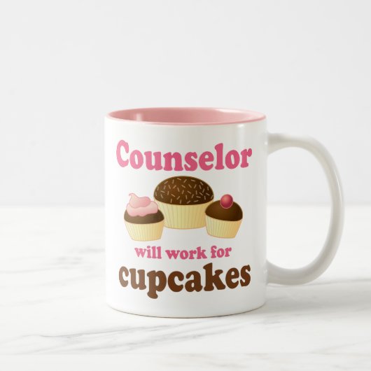 Funny zal werken voor Cupcakes Counselor Tweekleurige Koffiemok (Rechts)
