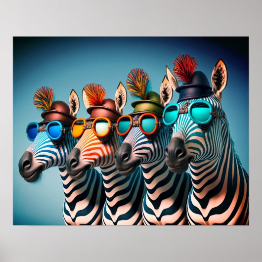 Funny Zebras Cute Zoo Animals Party Petten Glasses Poster (Voorkant)