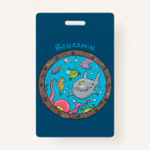 Funny zee, onderwatertrekkend, cartoon badge (Achterkant)