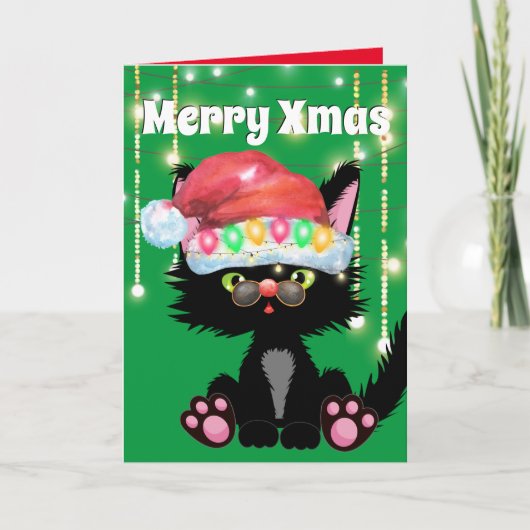 Funny zwarte kat Santa hat-boom licht humor aan Kaart (Voorkant)