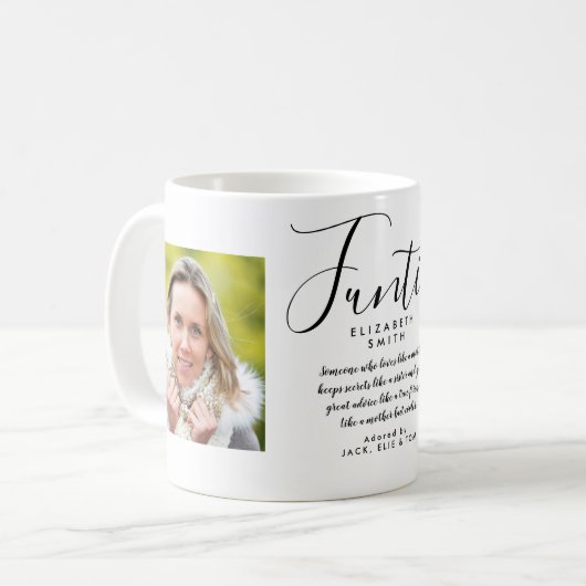 Funtie Elegant Script Fun Auntie Quote Foto Koffiemok (Voorkant links)