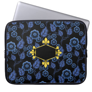 Fur de lis, goud, blauwe bloem, initialen toevoege laptop sleeve