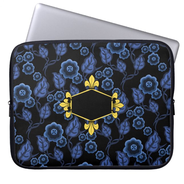 Fur de lis, goud, blauwe bloem, initialen toevoege laptop sleeve (Voorkant)