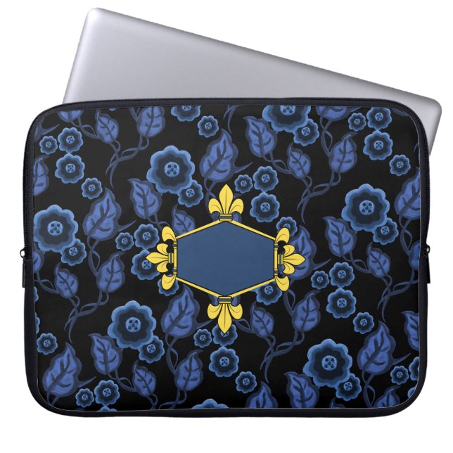 Fur de lis, goud, blauwe bloem, initialen toevoege laptop sleeve (Voorkant)