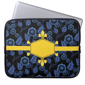 Fur de lis, goud, blauwe bloem, initialen toevoege laptop sleeve