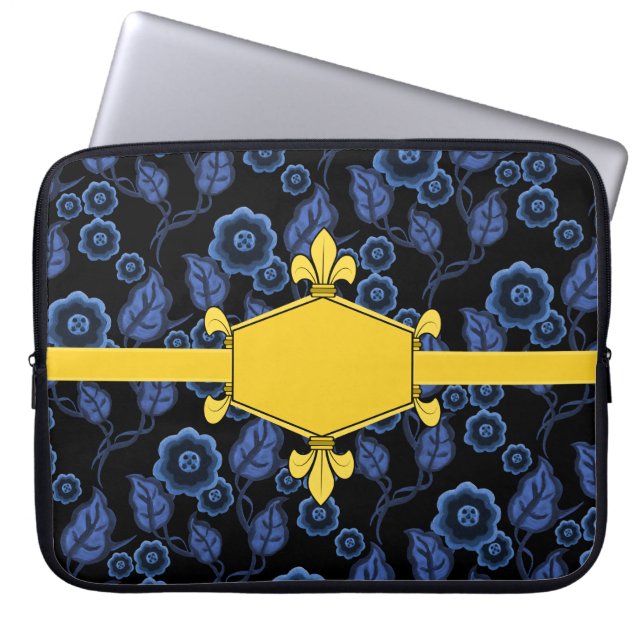Fur de lis, goud, blauwe bloem, initialen toevoege laptop sleeve (Voorkant)