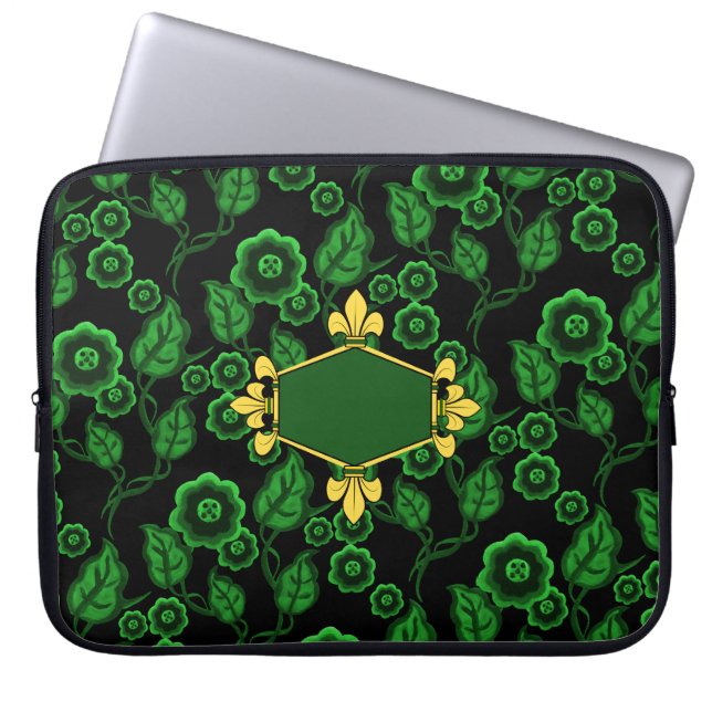 Fur de lis, goud, groene bloem, voeg initialen/naa laptop sleeve (Voorkant)