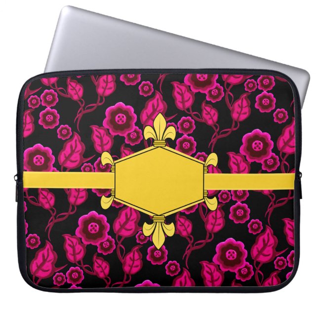 Fur de lis, goud, roze bloem, voeg initialen/naam  laptop sleeve (Voorkant)