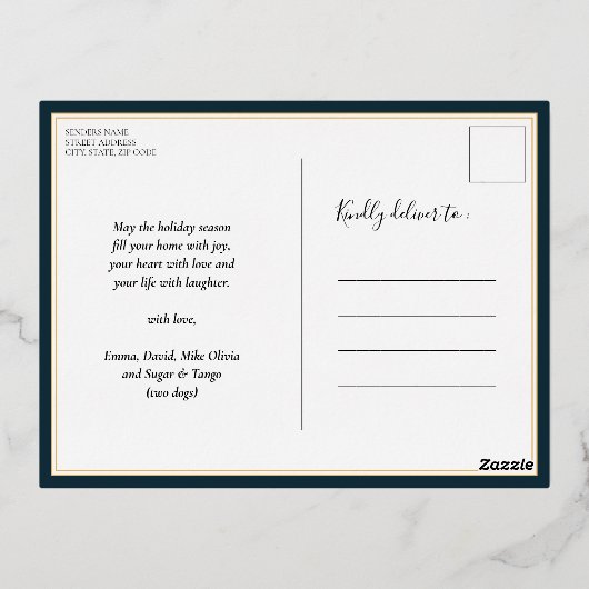 Fur La Blue Goud Moderne Pet Kerstfoto Folie Feestdagen Briefkaart (Achterkant)