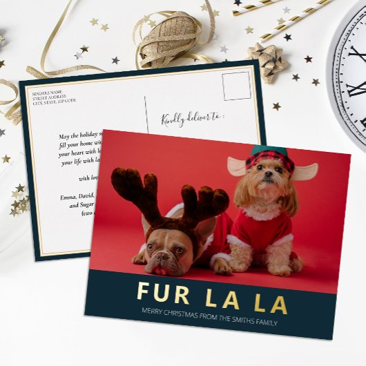 Fur La Blue Goud Moderne Pet Kerstfoto Folie Feestdagen Briefkaart